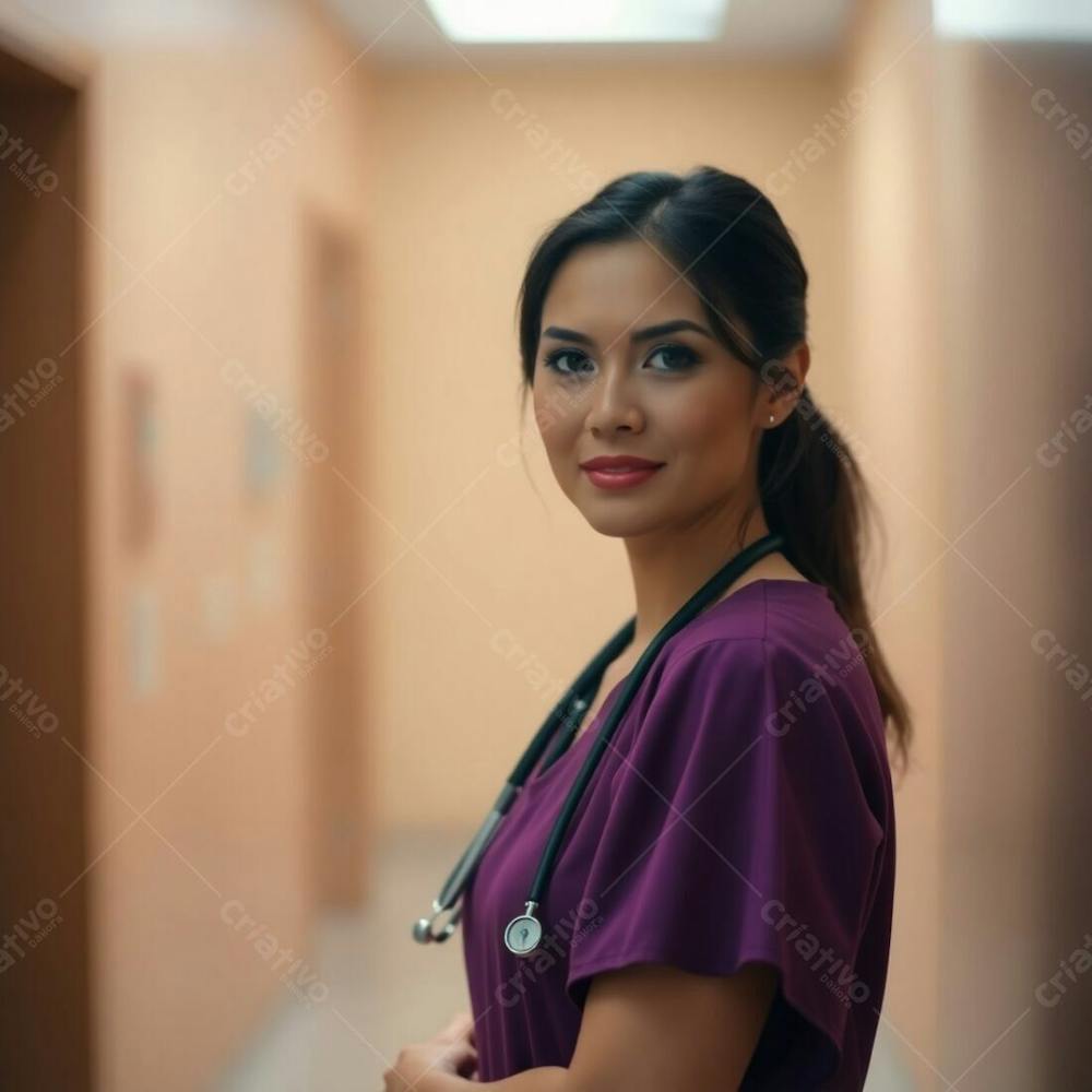 High Resolution Stock Photo Soft Focus, Hazy Background, Sharp Subject Focus, Earth Tones, Browns, Beiges, Muted Colors, Bokeh Effect, Cinematic Lighting, Professional Quality Image Of A Doctor In A Purple Dress