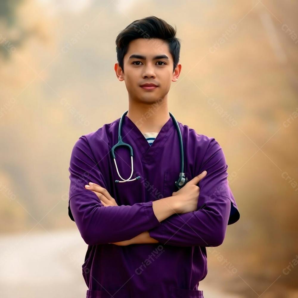 High Resolution Stock Photo Young Man In A Purple Medical Uniform, Arms Crossed, Waist Up. Soft Focus, Hazy Background With A Bokeh Effect And Natural Earth Tones. Browns And Beiges Dominate. Commercial Photo