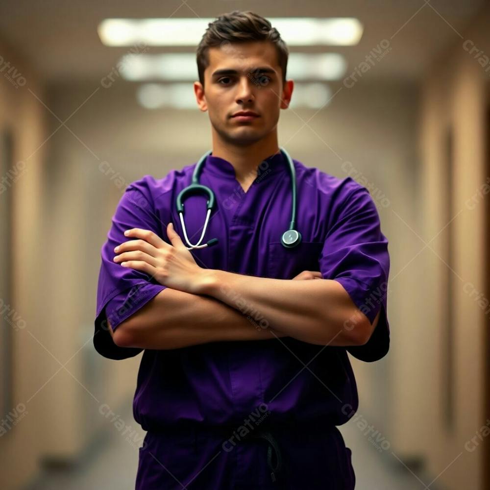 High Resolution Stock Photo Young Man In A Purple Medical Uniform, Arms Crossed, Waist Up. Soft Focus, Hazy Background With A Bokeh Effect And Natural Earth Tones. Browns And Beiges Dominate. Commercial Photo