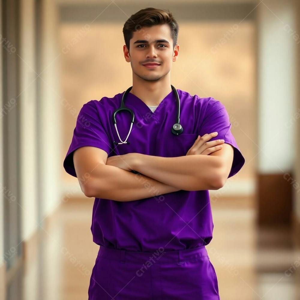 High Resolution Stock Photo Young Man In A Purple Medical Uniform, Arms Crossed, Waist Up. Soft Focus, Hazy Background With A Bokeh Effect And Natural Earth Tones. Browns And Beiges Dominate. Commercial Photo