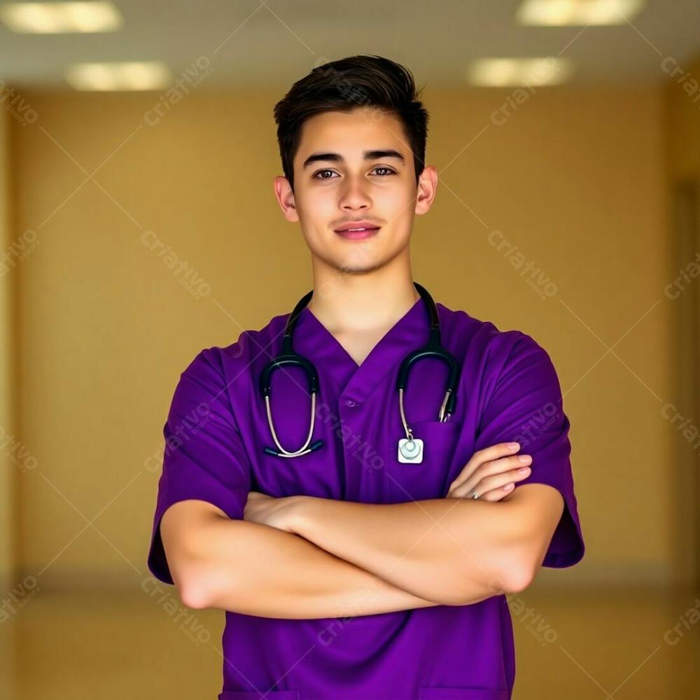 High Resolution Stock Photo Young Man In A Purple Medical Uniform, Arms Crossed, Waist Up. Soft Focus, Hazy Background With A Bokeh Effect And Natural Earth Tones. Browns And Beiges Dominate. Commercial Photo