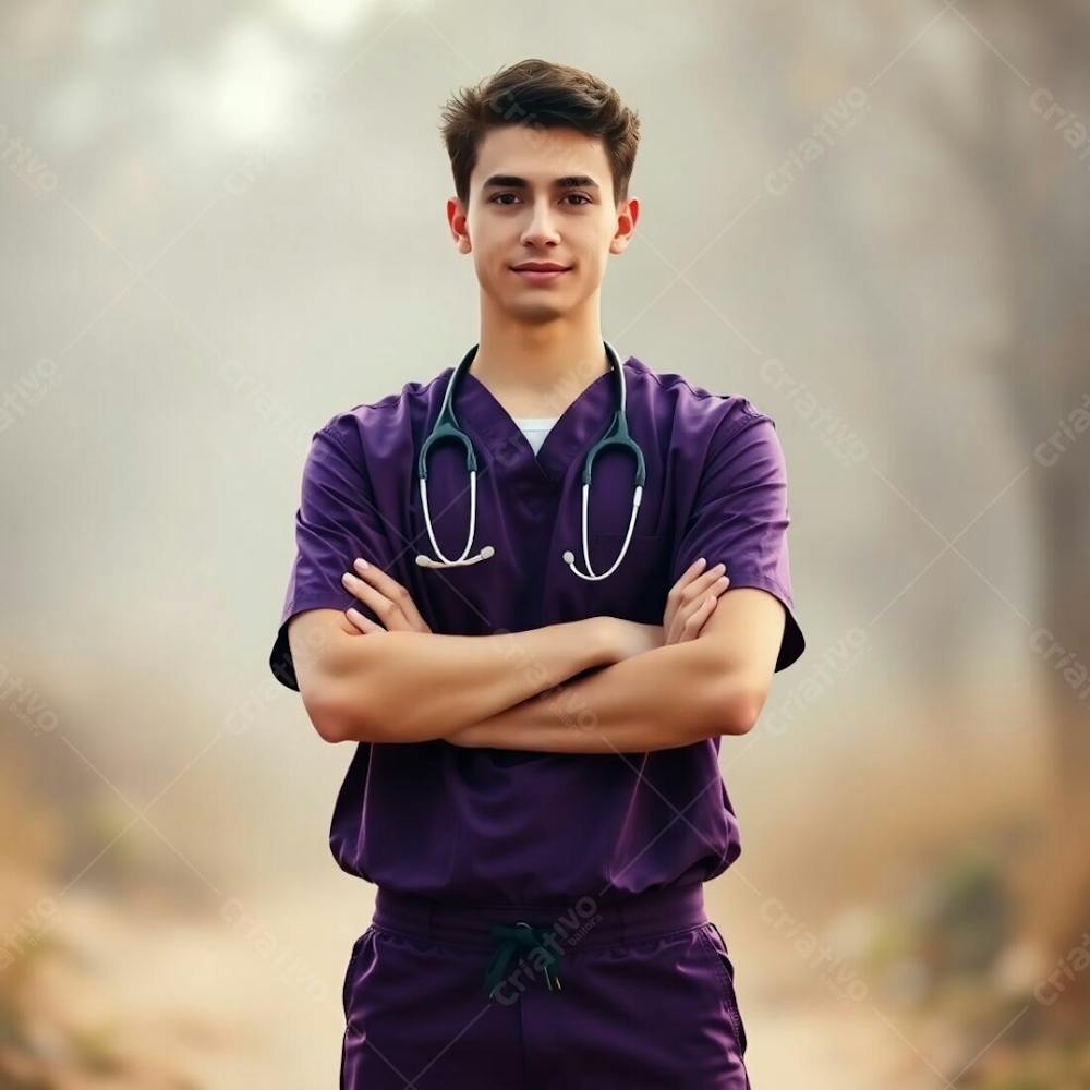 High Resolution Stock Photo Young Man In A Purple Medical Uniform, Arms Crossed, Waist Up. Soft Focus, Hazy Background With A Bokeh Effect And Natural Earth Tones. Browns And Beiges Dominate. Commercial Photo