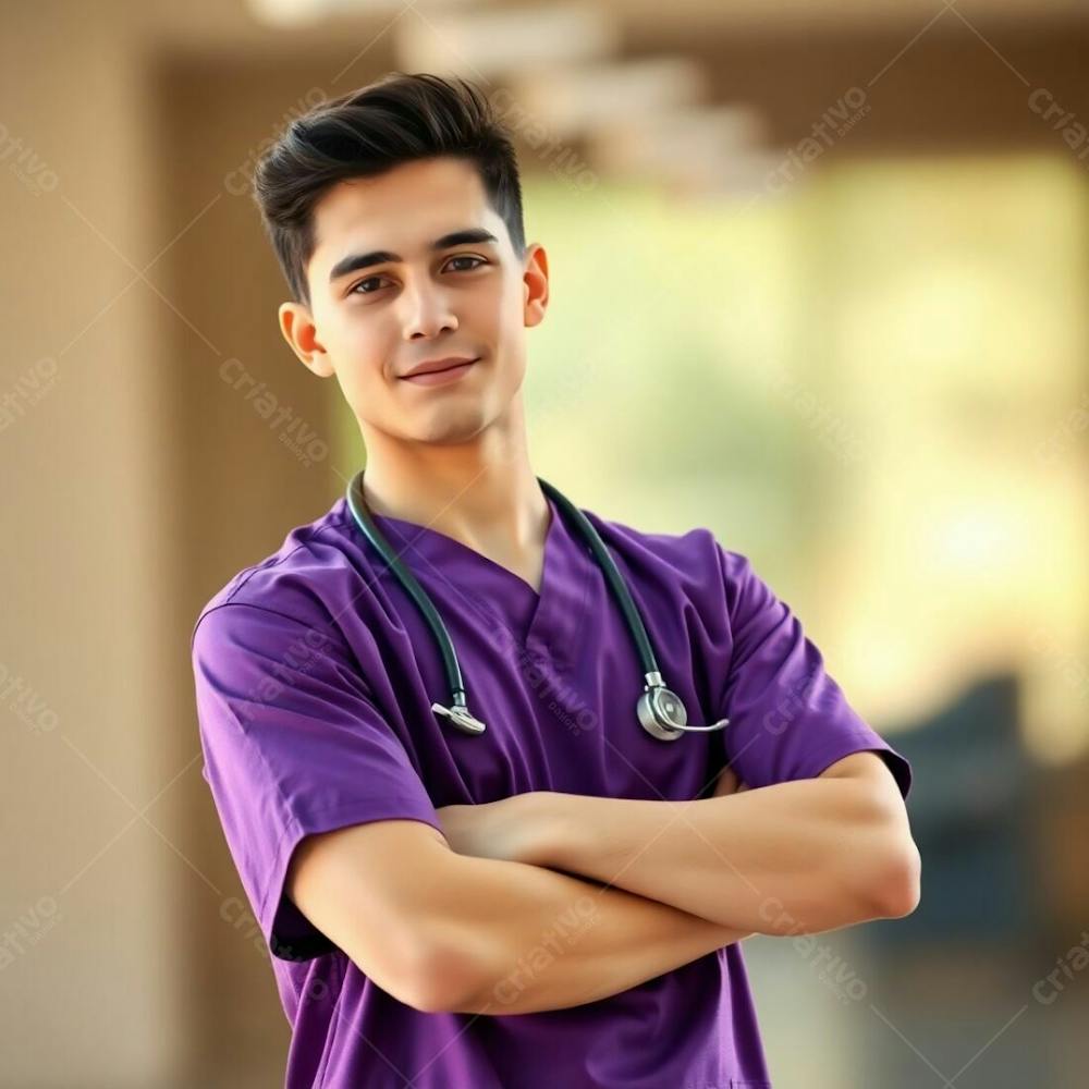 High Resolution Stock Photo Young Man In A Purple Medical Uniform, Arms Crossed, Waist Up. Soft Focus, Hazy Background With A Bokeh Effect And Natural Earth Tones. Browns And Beiges Dominate. Commercial Photograp