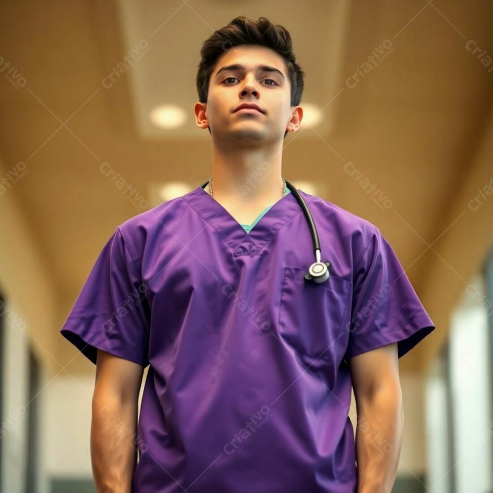 High Resolution Stock Photo Young Man, Waist Up, Wearing A Purple Medical Uniform. Soft Focus, Cinematic Style, Earth Tone Palette Of Browns And Beiges. Bokeh Background, High Resolution Detail On Subject. Professi