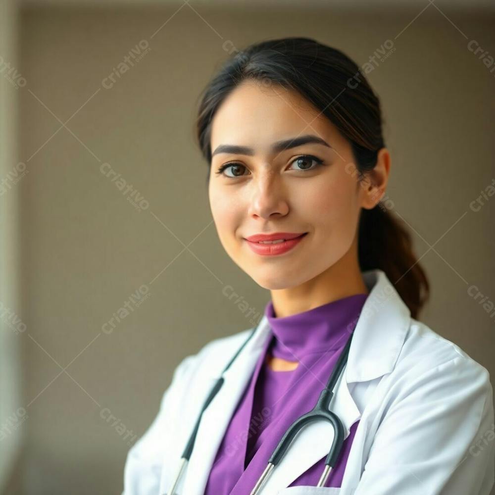 High Resolution Stock Photo, A Doctor In A Purple Dress, Blurred Bokeh Effect, Natural Earth Tones, Soft Focus, Hazy Background, Sharp Subject Focus, Soft Background, Muted Colors, Commercial Use, Professional Quali