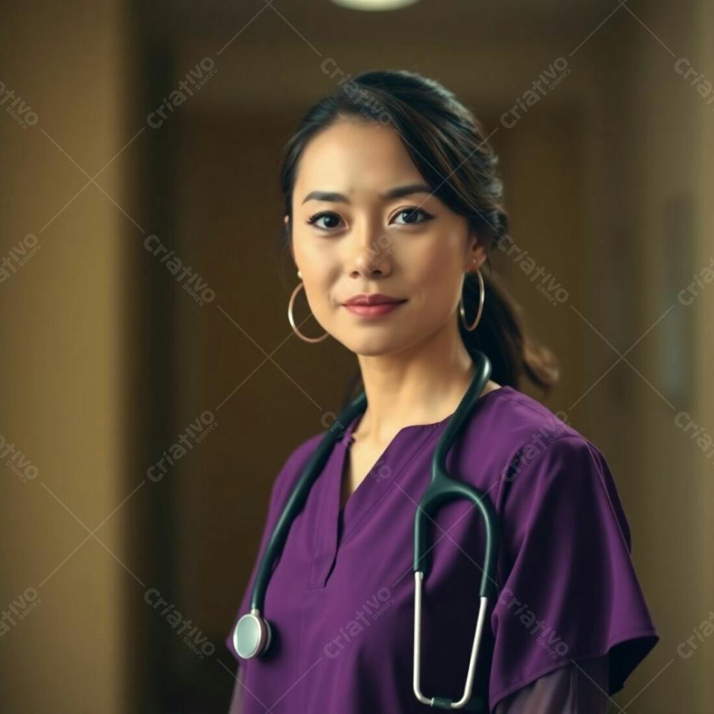 High Resolution Stock Photo, Cinematic Haze Effect, Earth Tones, Browns And Beiges, Muted Colors, Soft Focus Background, Sharp Focus On A Doctor In A Purple Dress, Professional Quality, Commercial Use