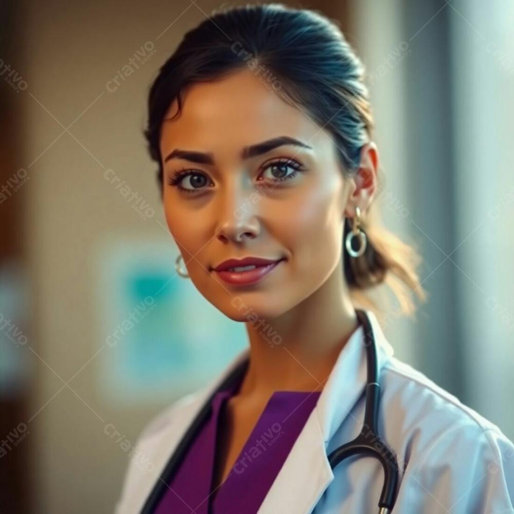 High Resolution Stock Photo, Commercial Quality A Doctor Wearing A Purple Dress, Sharp Focus, Soft Cinematic Lighting, Blurred Bokeh, Muted Earth Tones, Browns And Beiges