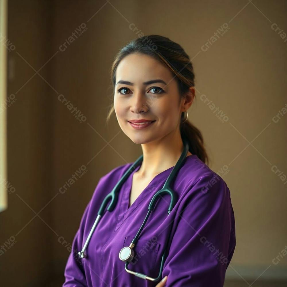 High Resolution Stock Photo, Doctor In A Purple Dress, Cinematic Lighting, Natural Earth Tones, Browns And Beiges, Soft Focus, Hazy Background, Sharp Subject, Professional Quality, Commercial Use