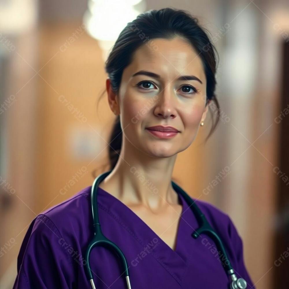 High Resolution Stock Photo, Soft Cinematic Lighting, A Doctor Wearing A Purple Dress, Blurred Bokeh, Natural Earth Tones, Browns And Beiges, Soft Focus, Hazy Background, Sharp Subject, Commercial Use, Professional