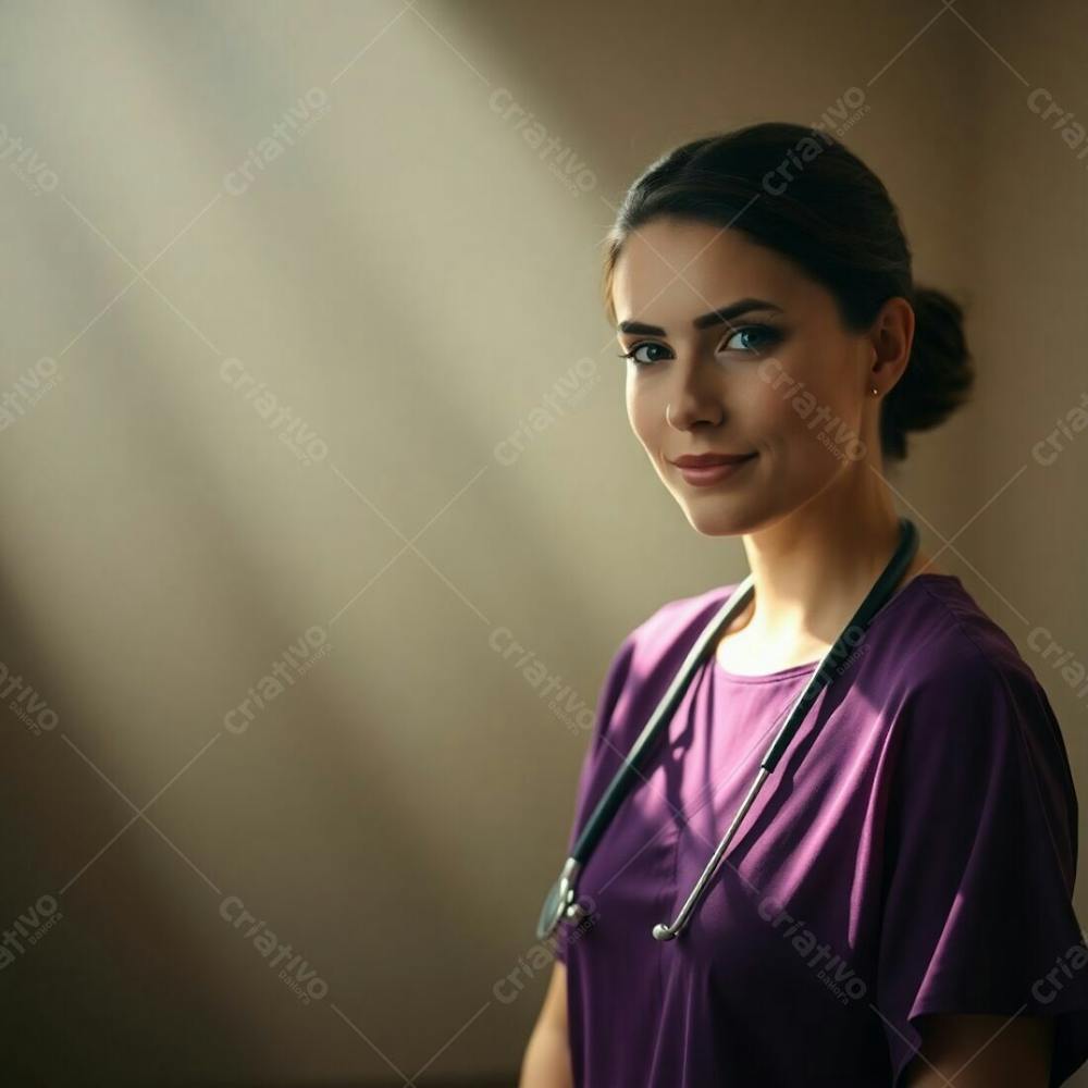 High Resolution Stock Photo, Soft Cinematic Lighting, Natural Earth Tones, Doctor In Purple Dress, Muted Browns And Beiges, Soft Focus, Hazy Background, Sharp Subject, Professional Quality