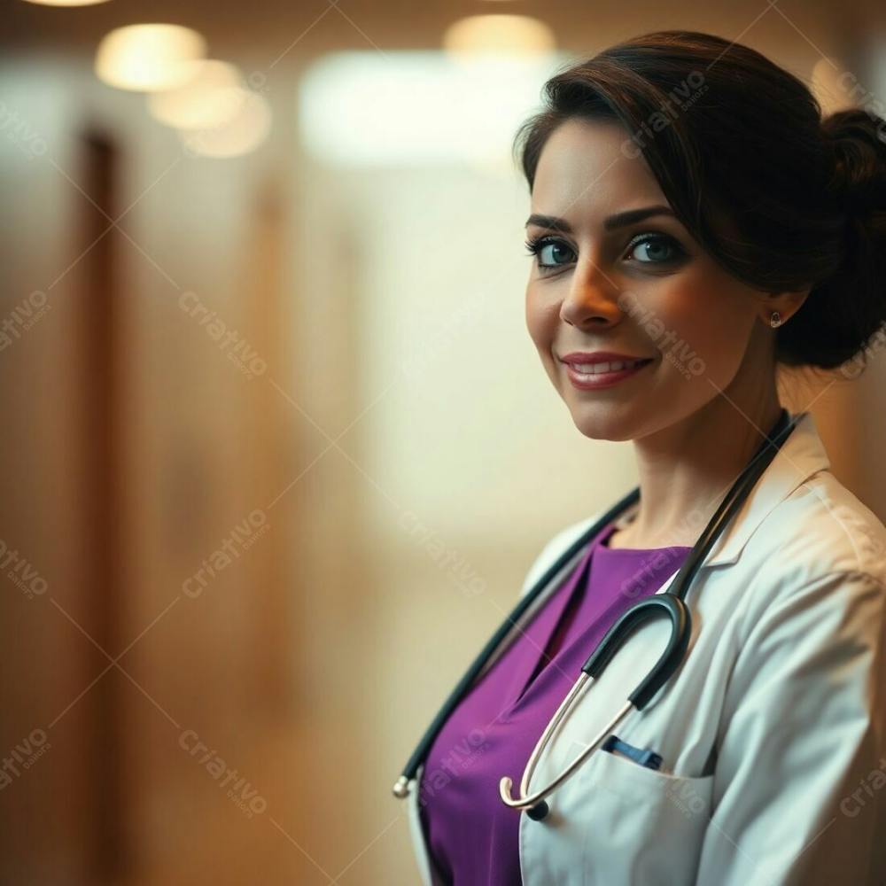 Professional High Resolution Stock Photo Doctor In Purple Dress, Soft Focus, Blurred Bokeh, Muted Earth Tones, Browns, Beiges, Hazy Background, Cinematic Lighting, Commercial Use