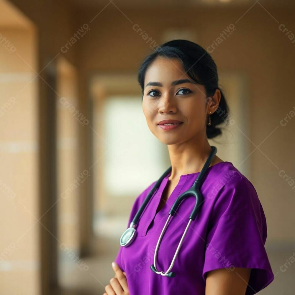 Professional Quality High Resolution Stock Photo Of A Doctor In A Purple Dress, Soft Cinematic Haze, Natural Earth Tones, Blurred Bokeh Effect, Browns And Beiges, Muted Colors, Soft Focus, Hazy Background, Sharp Sub