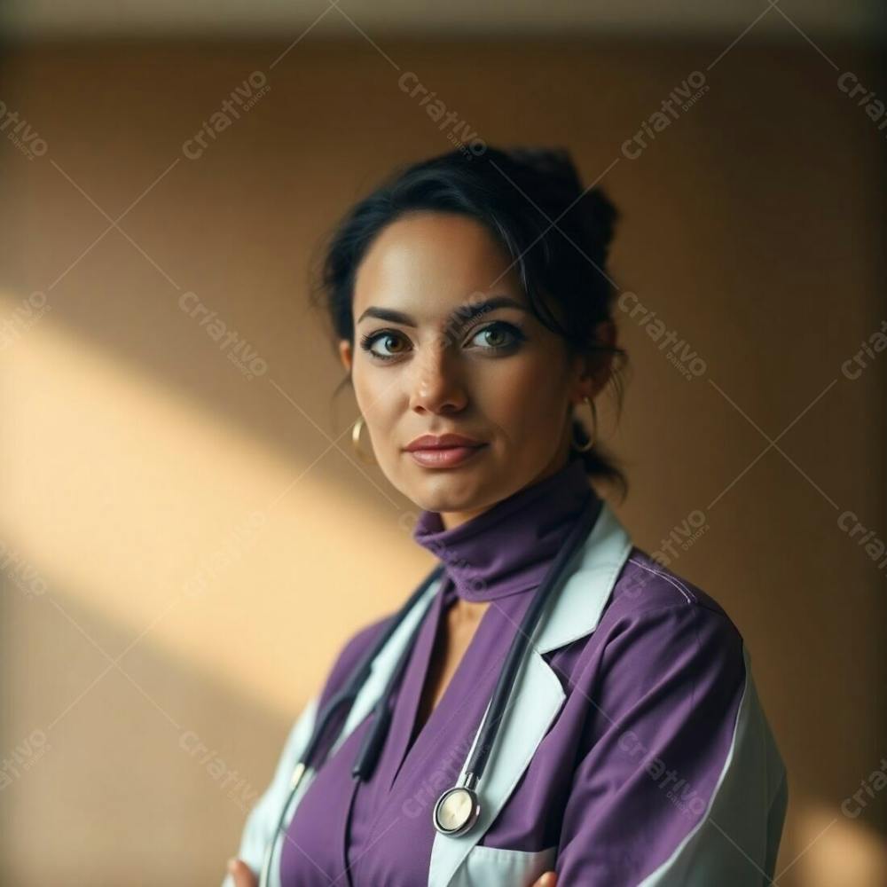 Professional Quality, High Resolution Stock Photo A Doctor In A Purple Dress, Soft Focus, Cinematic Haze, Natural Earth Tone Palette Of Browns And Beiges, Blurred Bokeh Background, Muted Colors