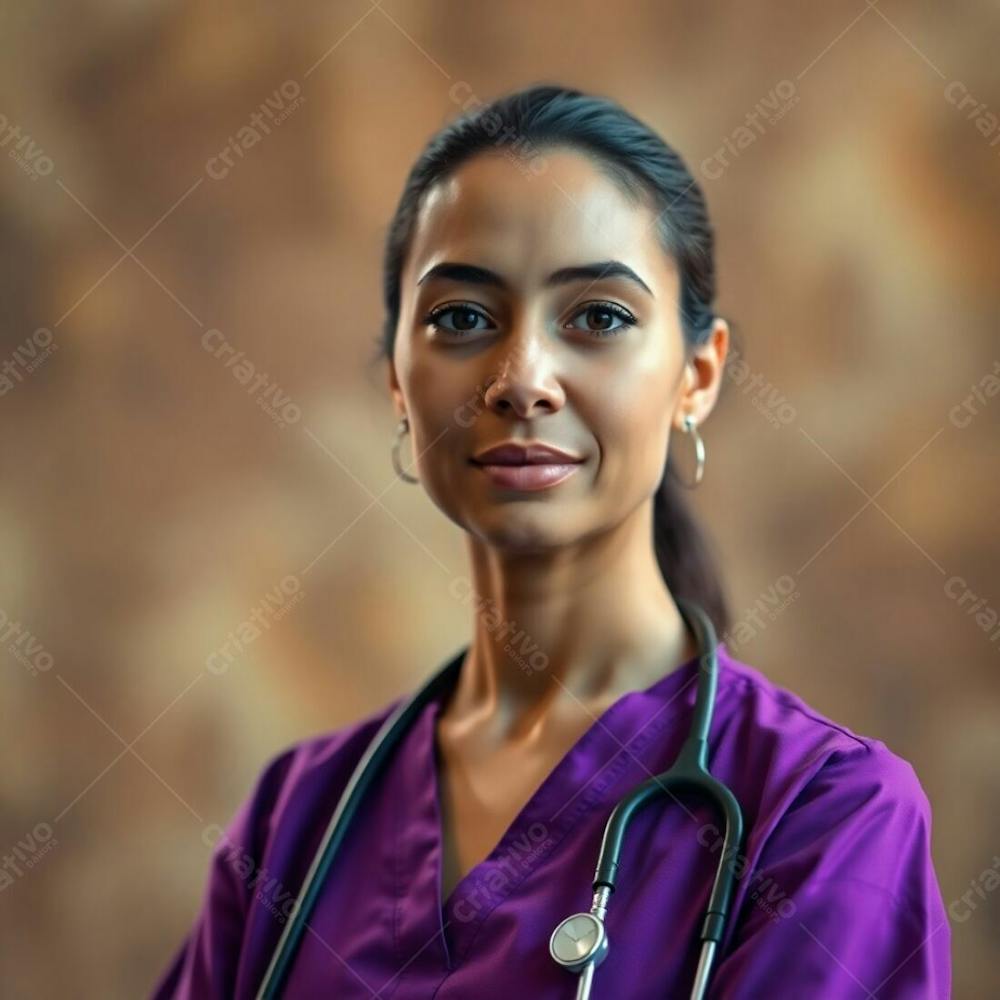 Stock Photo Physician In Purple Dress, Sharp Focus, Blurred Earth Tone Background. Bokeh Effect, Soft Cinematic Lighting, Muted Color Palette, Professional Quality. High Resolution