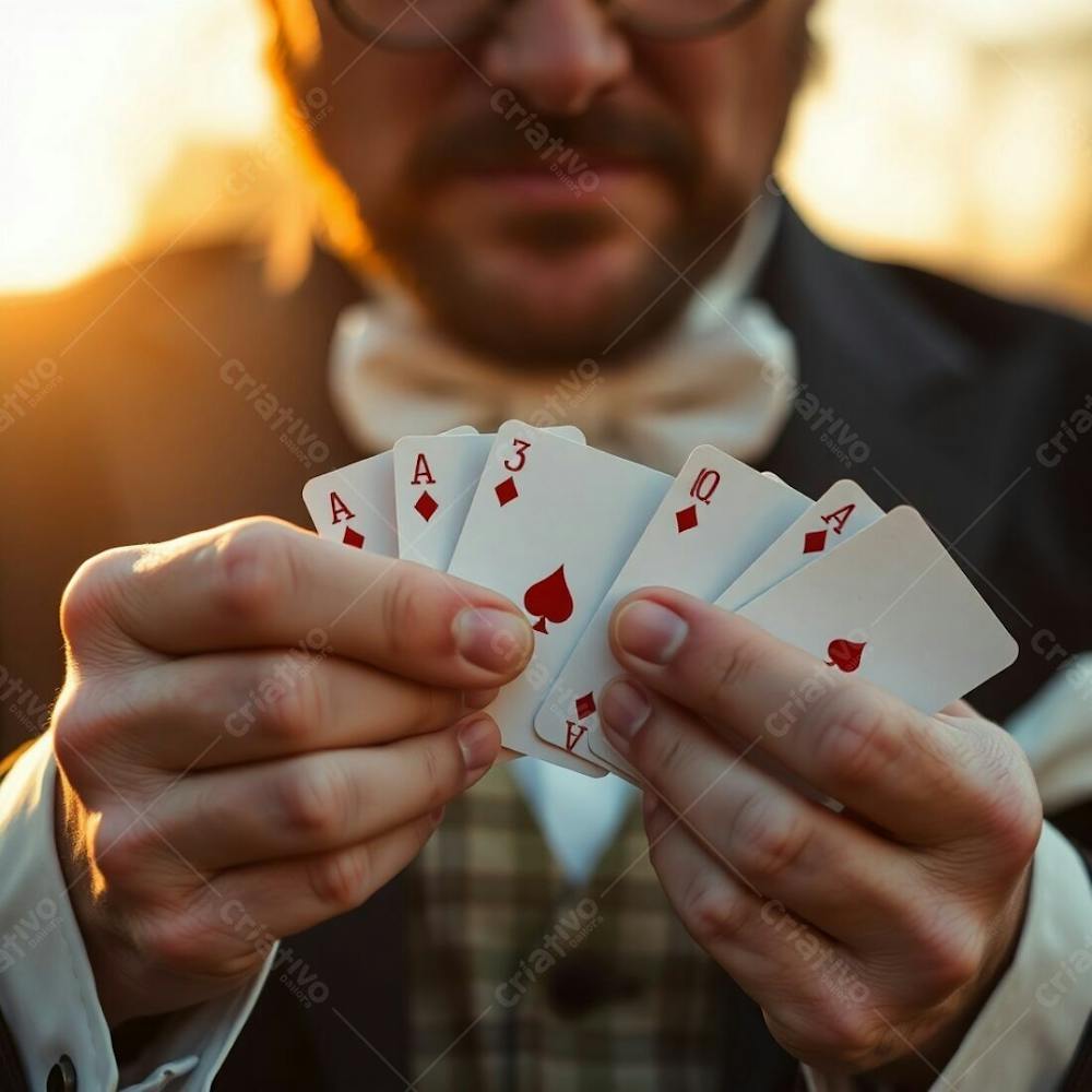 Extreme Macro Close Up A Man In Magician&#39;S Attire, Holding Playing Cards, Warm Golden Hour Light. Soft Light, Small Subject Detail. High Resolution Stock Photo. Commercial, Professional Quality