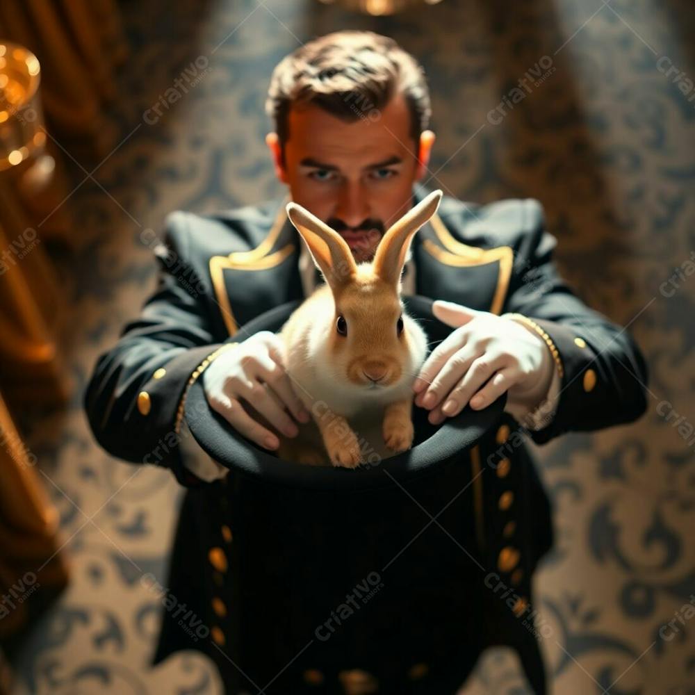 High Resolution Stock Photo A High Angle Perspective Of A Man In A Magician&#39;S Outfit Pulling A Rabbit From A Top Hat. Warm Golden Glow, Radiant And Luxurious Aesthetic, Commercial Quality