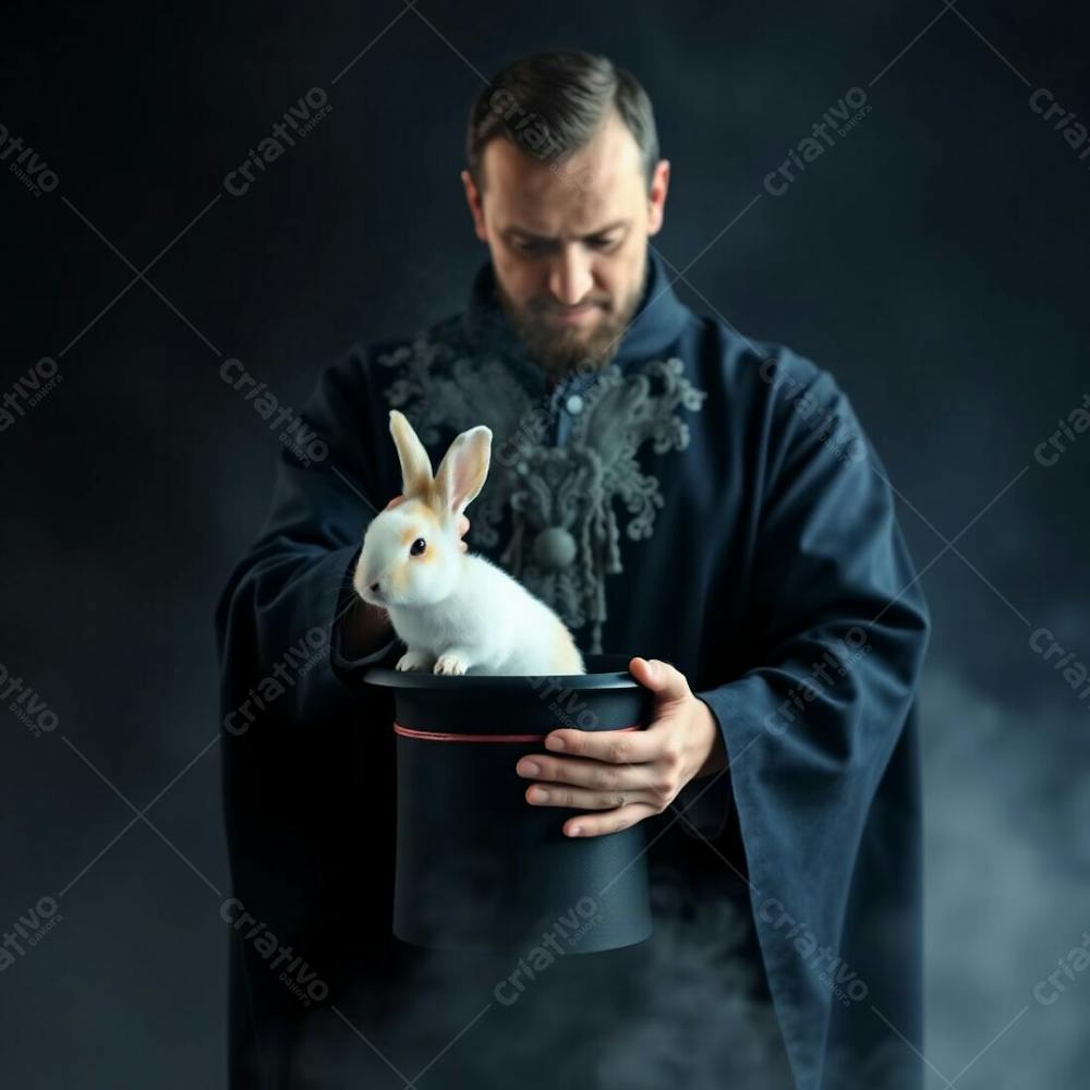 High Resolution Stock Photo A Magician In A Dark Robe Pulling A Rabbit From A Top Hat. Bokeh Effect, Thick Fog, Low Visibility, Sharp Subject Focus, Soft Background. Commercial Quality, Professional Style