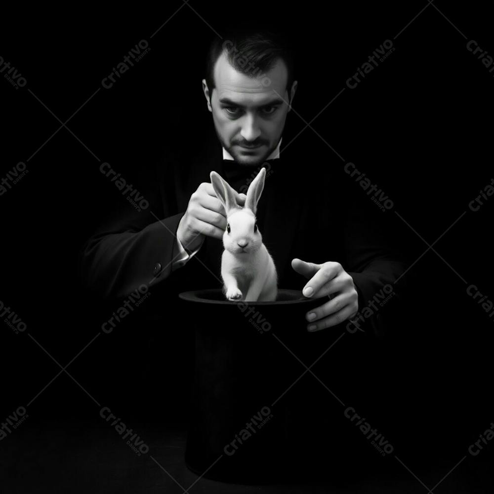 High Resolution Stock Photo A Magician In A Dark Robe Pulling A Rabbit From A Top Hat. Classic Black And White, High Contrast, Low Key Lighting, Deep Shadows, Dramatic Effect, Dark Tones. Commercial Quality, Professional Style