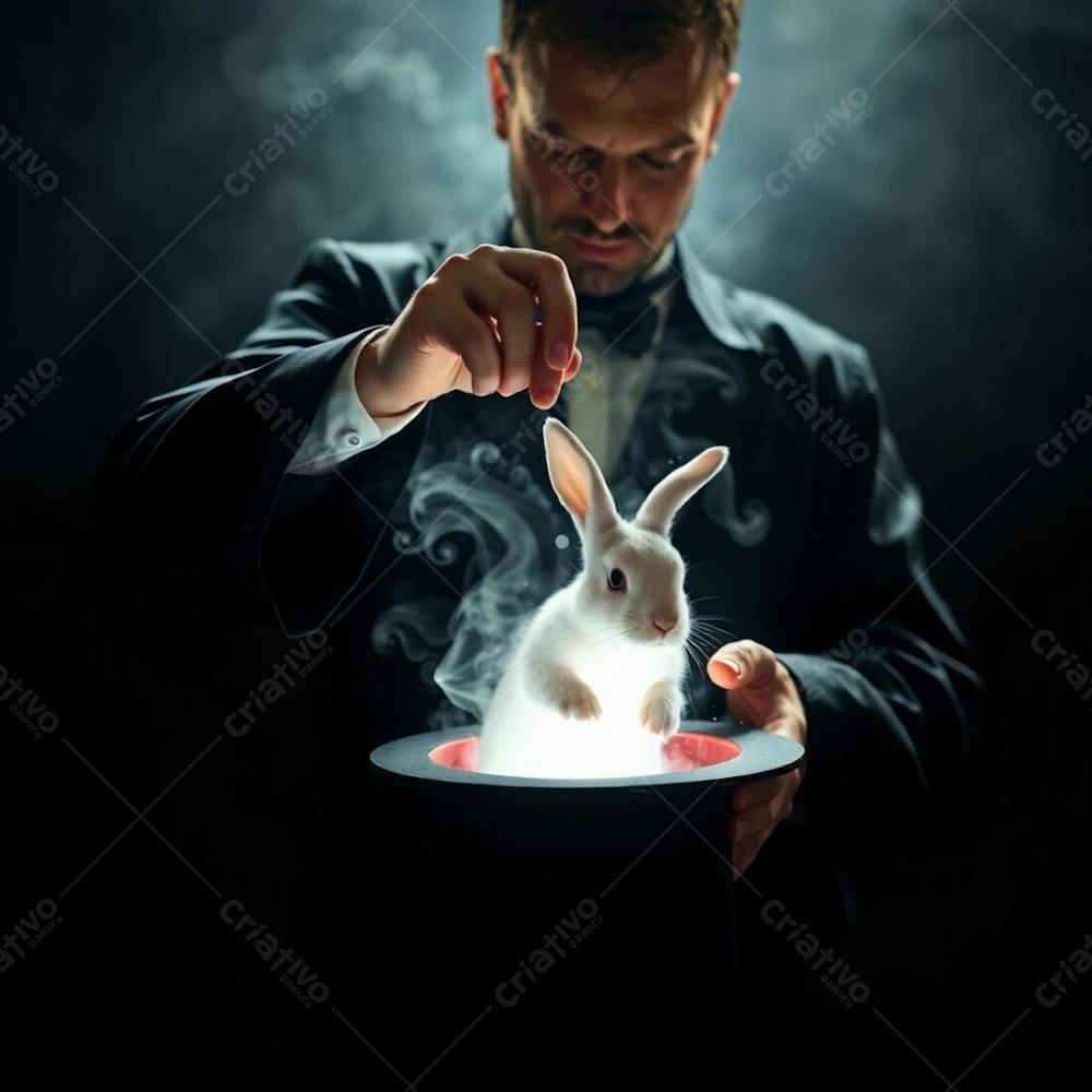 High Resolution Stock Photo A Magician In A Dark Robe Pulling A Rabbit From A Top Hat. Creative Light Art, Abstract Patterns, Artistic Lighting, Sharp Subject Focus, Soft Background. Commercial Quality, Professional Style