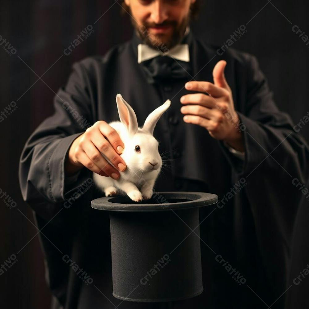 High Resolution Stock Photo A Magician In A Dark Robe Pulling A Rabbit From A Top Hat. Soft Light, Hazy Atmosphere. Commercial Quality, Professional Style