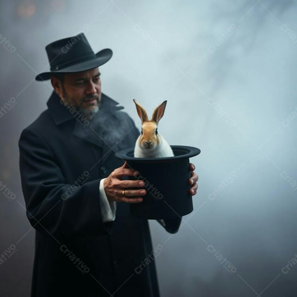 High Resolution Stock Photo A Magician In A Dark Robe Pulling A Rabbit From A Top Hat. Thick Fog, Low Visibility, Hazy, Soft Light, Dreamy Atmosphere. Commercial Quality, Professional Style