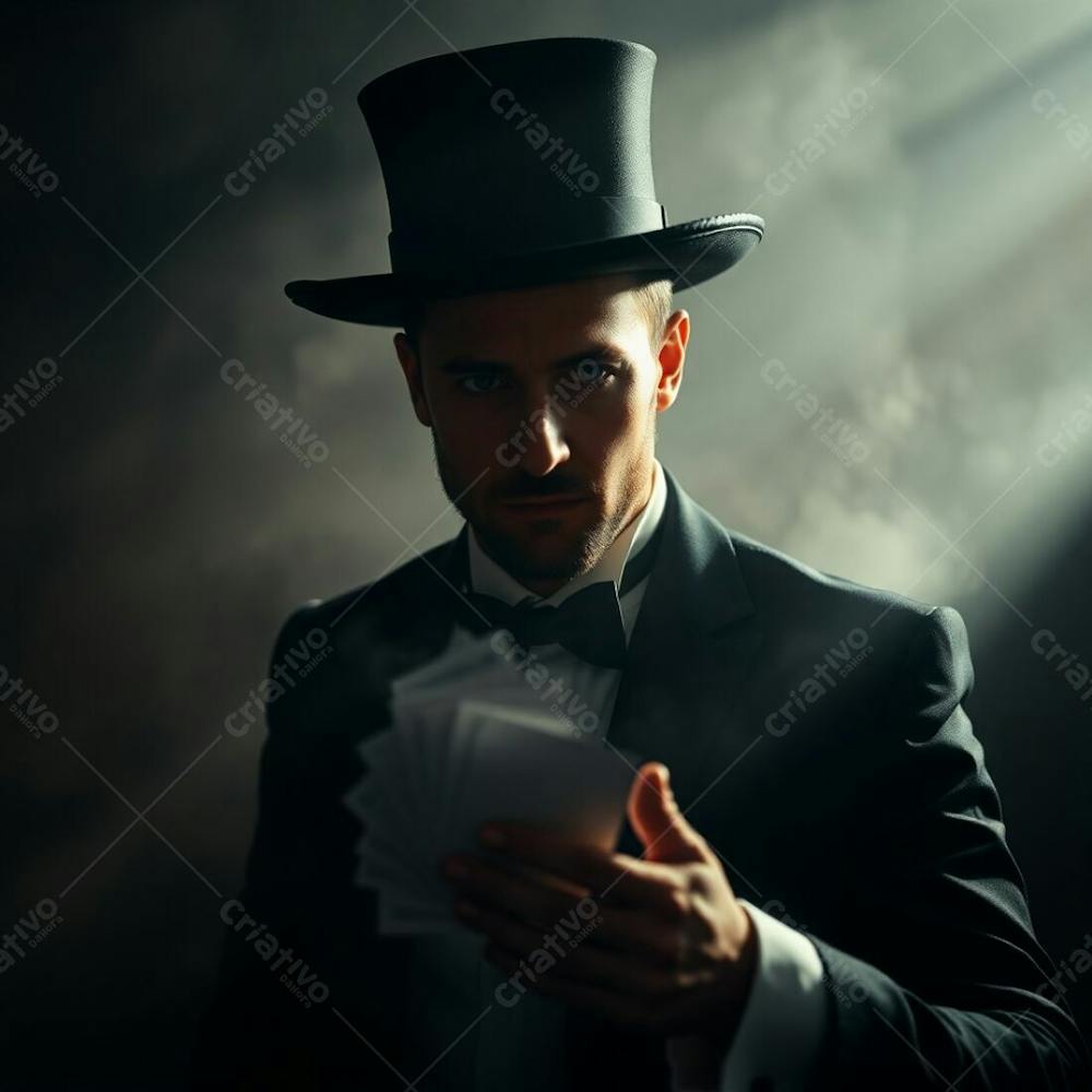 High Resolution Stock Photo A Magician In A Soft Dreamy Atmosphere, High Contrast, Low Key Lighting, Hazy Soft Light, Deep Shadows, Dramatic Effect. Commercial, Professional Quality