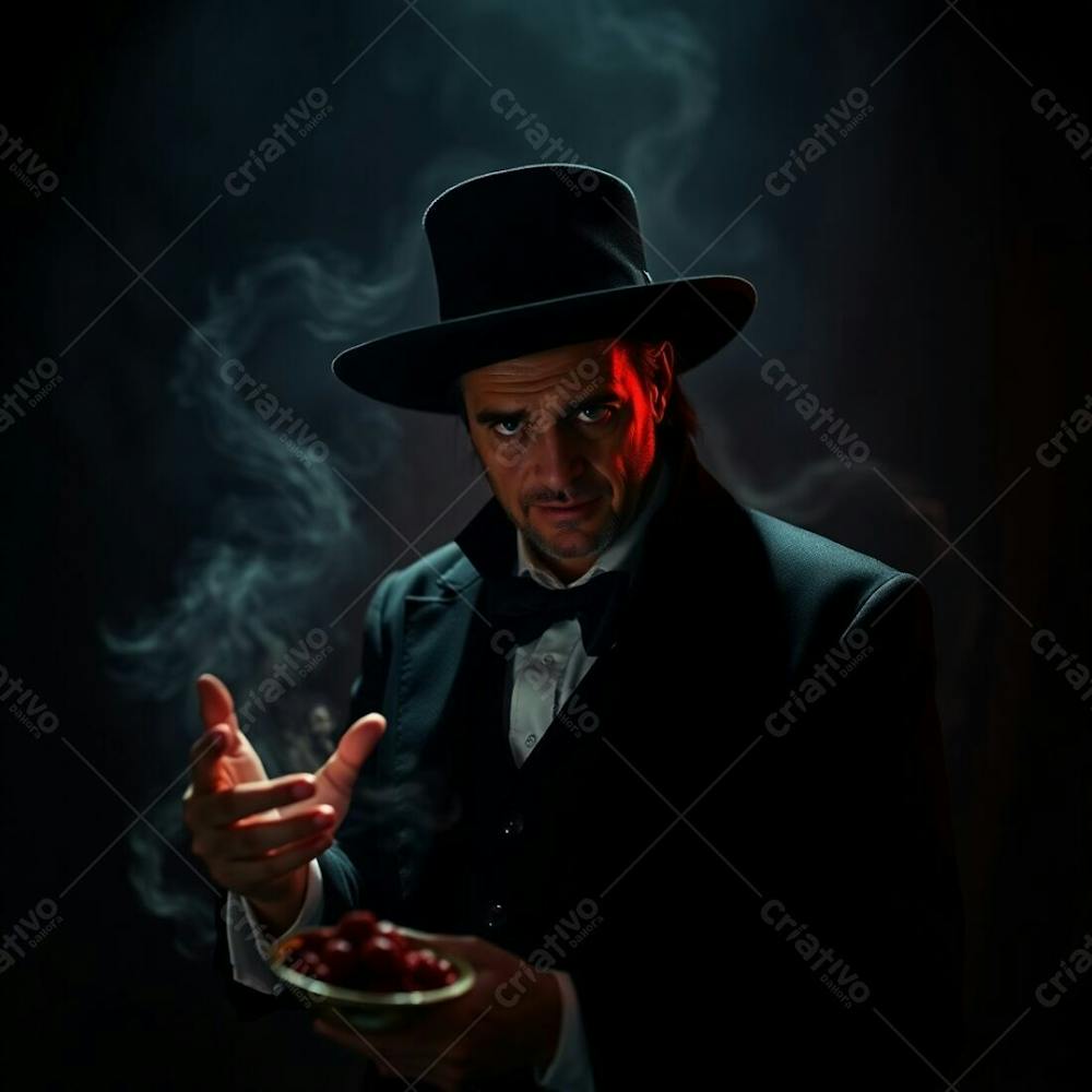 High Resolution Stock Photo A Magician In An Eerie, Creepy Atmosphere, Intense Dramatic Lighting, Dark Tones, Unsettling Details, High Contrast. Commercial, Professional Quality