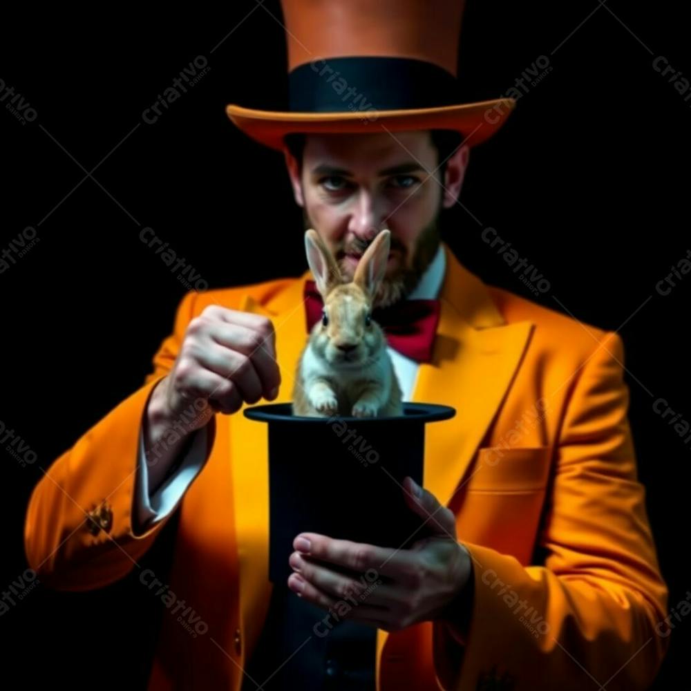 High Resolution Stock Photo A Magician In Vibrant, Complementary Colors, High Contrast, Low Key Lighting, Deep Shadows, Dramatically Pulling A Rabbit From A Top Hat. Commercial, Professional Quality