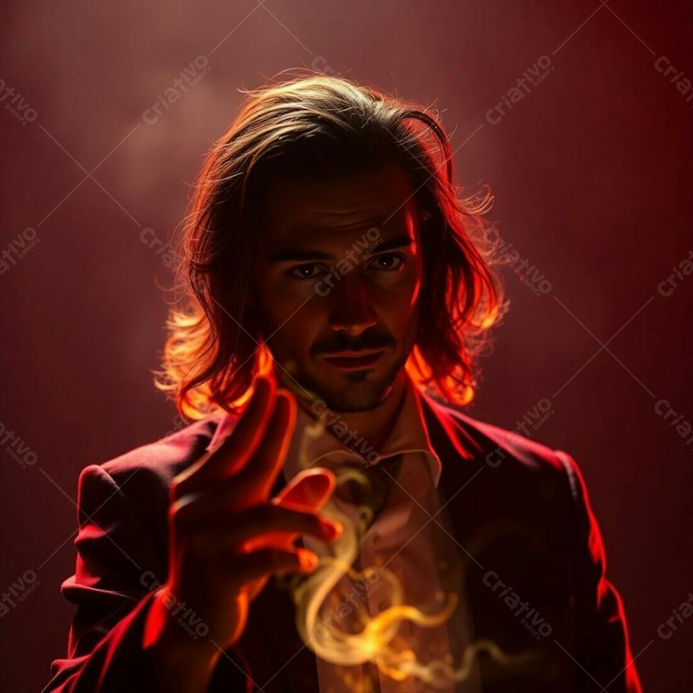 High Resolution Stock Photo A Magician In An Ethereal Spiritual Vibe, Warm Chiaroscuro Lighting, Strong Contrasts, Deep Shadows, Light Aura, Reds, Oranges, Yellows. Commercial, Professional Quality