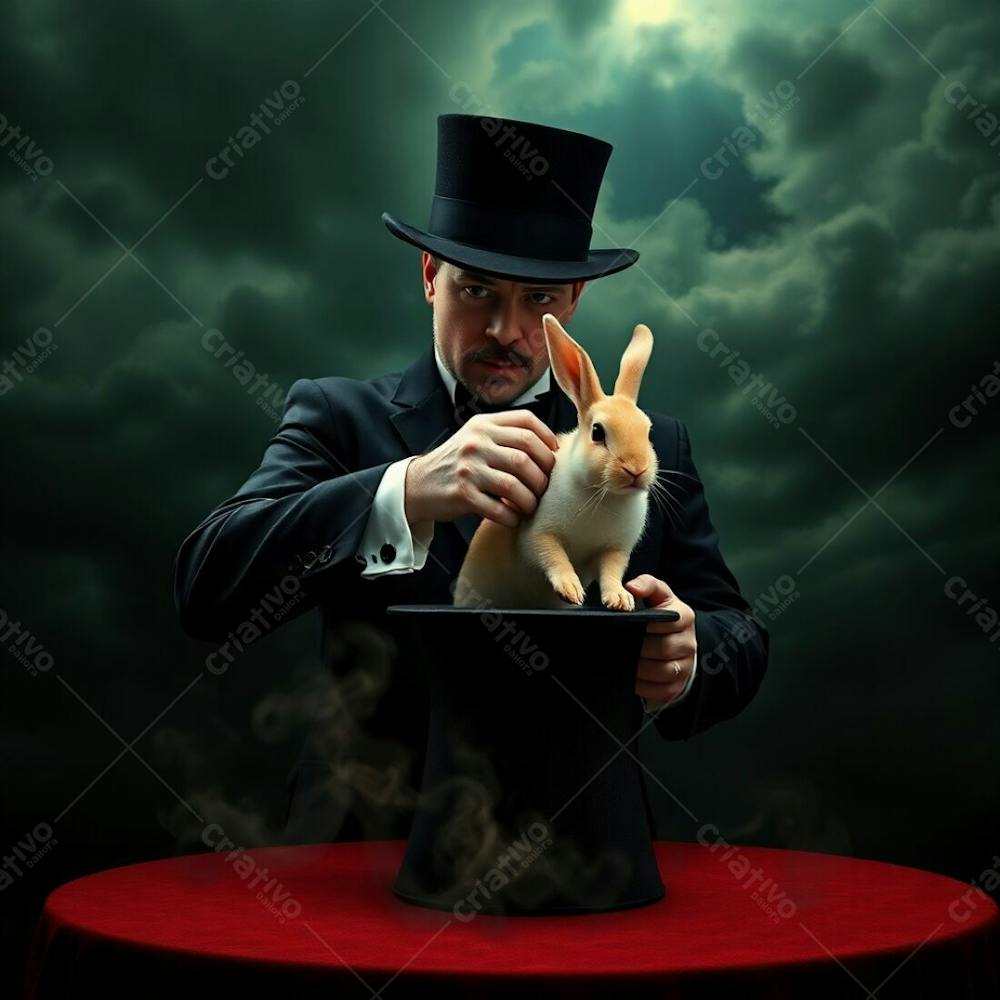 High Resolution Stock Photo A Magician Pulling A Rabbit From A Top Hat In A Scene With Intense Dramatic Weather, Eerie Atmosphere. Commercial Quality, Dark Tones, Unsettling, Stormy Skies