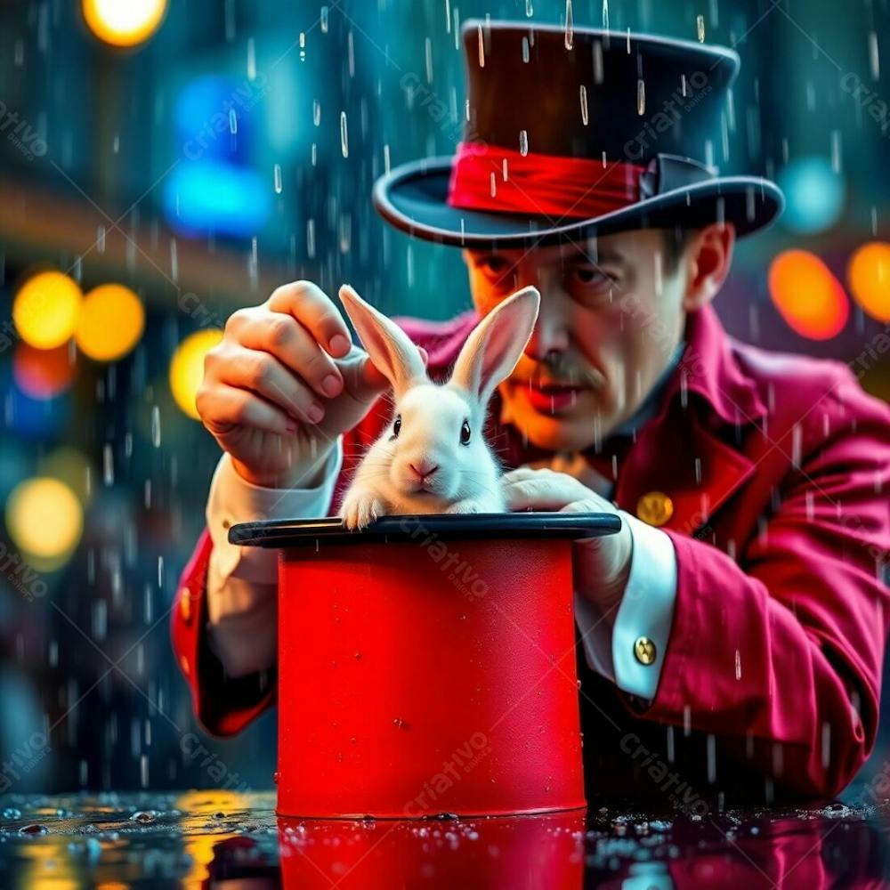 High Resolution Stock Photo A Magician Pulling A Rabbit From A Top Hat In A Wet Rainy Scene, Bright Vibrant Colors, Drizzling Rain, Reflective Surfaces. Commercial Quality, Lively, Energetic