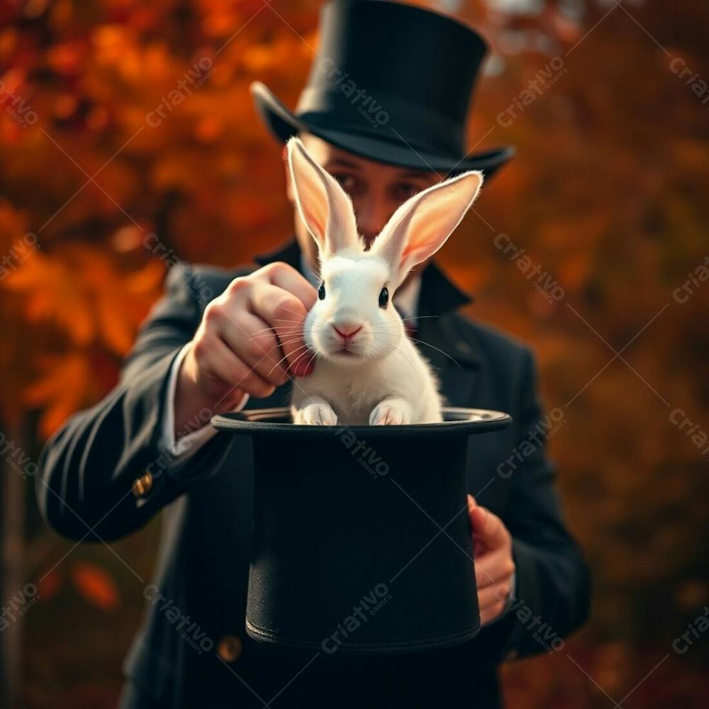 High Resolution Stock Photo A Magician Pulling A Rabbit From A Top Hat, Bright Lens Flare, Warm Autumn Colors. Commercial Quality, Earthy, Cozy, Vibrant Colors