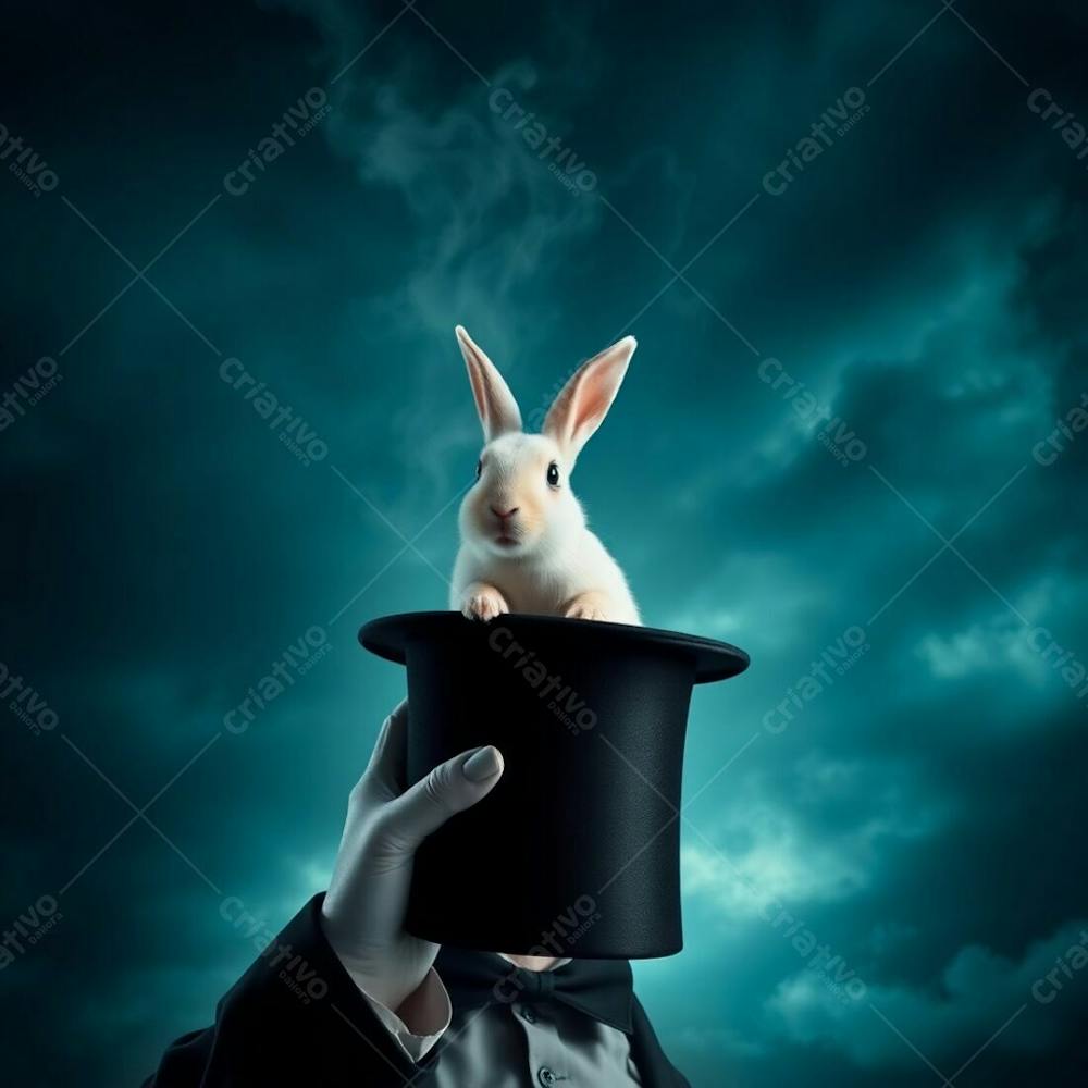 High Resolution Stock Photo A Magician Pulling A Rabbit From A Top Hat, Intense Dramatic Weather, Deep Teal Tones, Stormy Skies. Commercial Quality, Luxurious, Vibrant