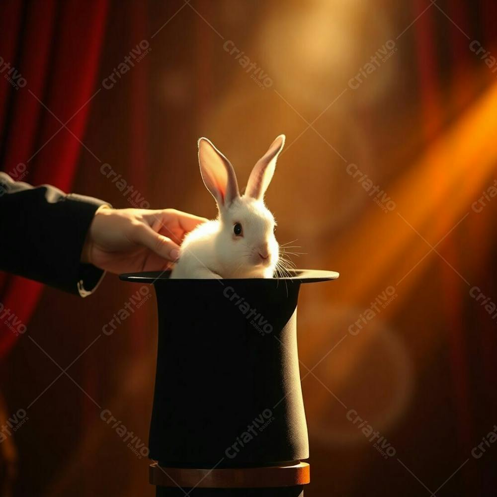 High Resolution Stock Photo A Magician Pulling A Rabbit From A Top Hat, Warm Golden Glow, Volumetric Lighting. Commercial Quality, Visible Light Beams, Radiant, Luxurious