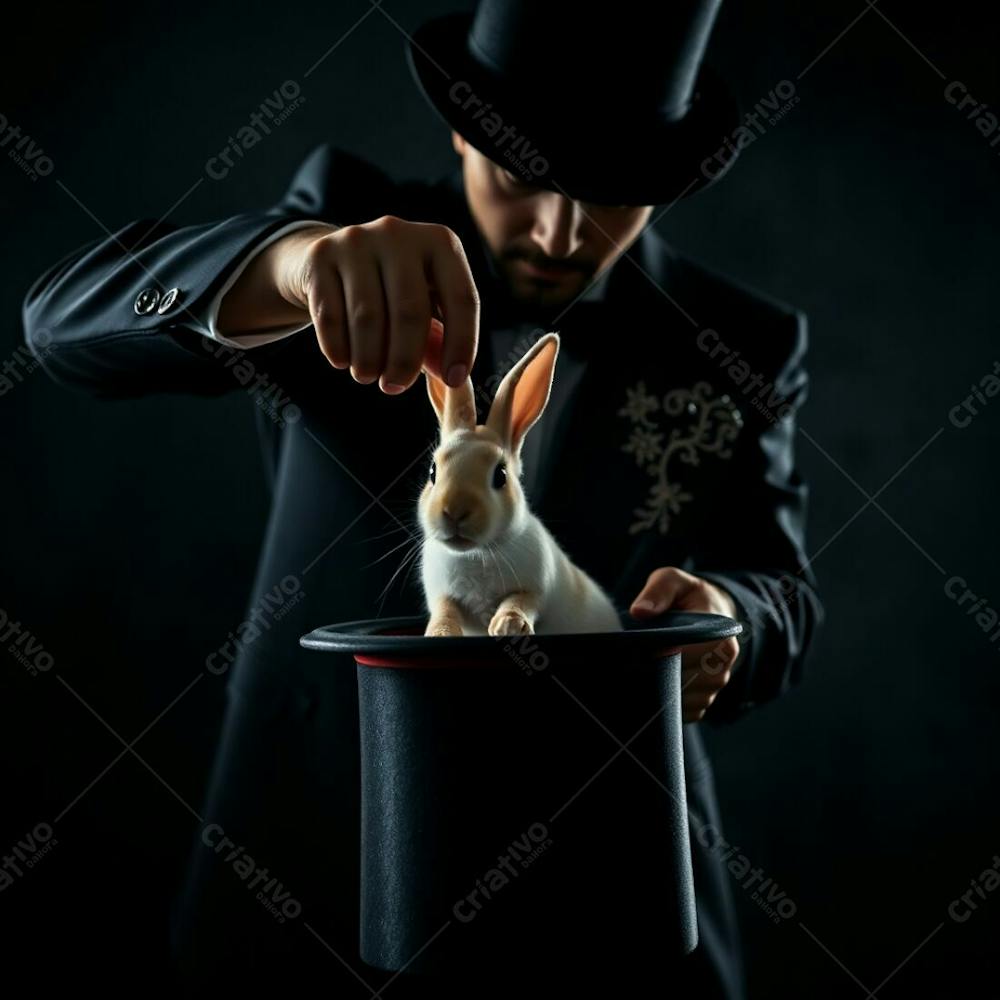 High Resolution Stock Photo A Magician Pulling A Rabbit From A Top Hat. Chiaroscuro Lighting, Dramatic Cinematic Style, Film Like Composition And Lighting, Strong Contrasts, Deep Shadows. Commercial Quality, Professional Style