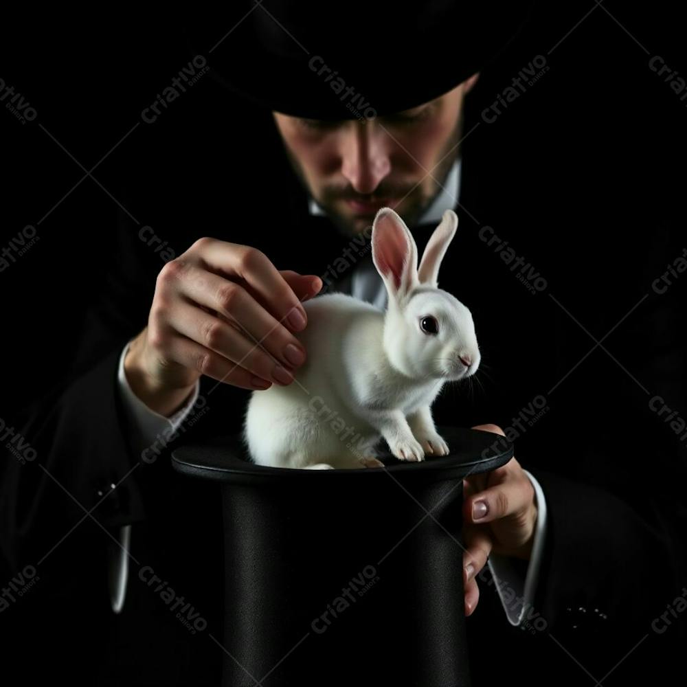 High Resolution Stock Photo A Magician Pulling A Rabbit From A Top Hat. Chiaroscuro Lighting, Strong Contrasts, Deep Shadows, Refined Features, Graceful And Elegant Pose. Commercial Quality, Professional Style