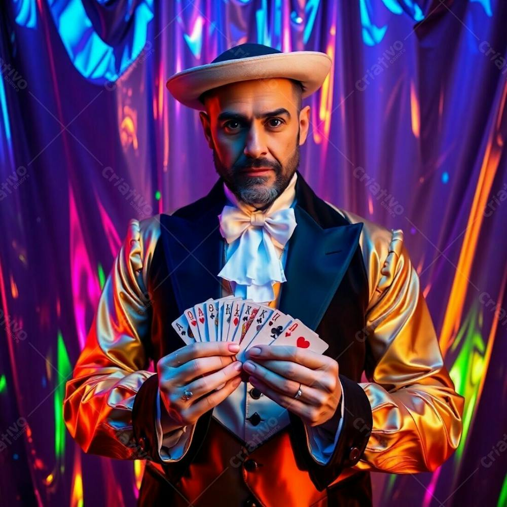 High Resolution Stock Photo A Man In A Magician&#39;S Costume Holds Playing Cards. Iridescent Colors, Creative Light Art, Iridescent Reflections, Artistic Lighting, Abstract Patterns, Commercial Quality