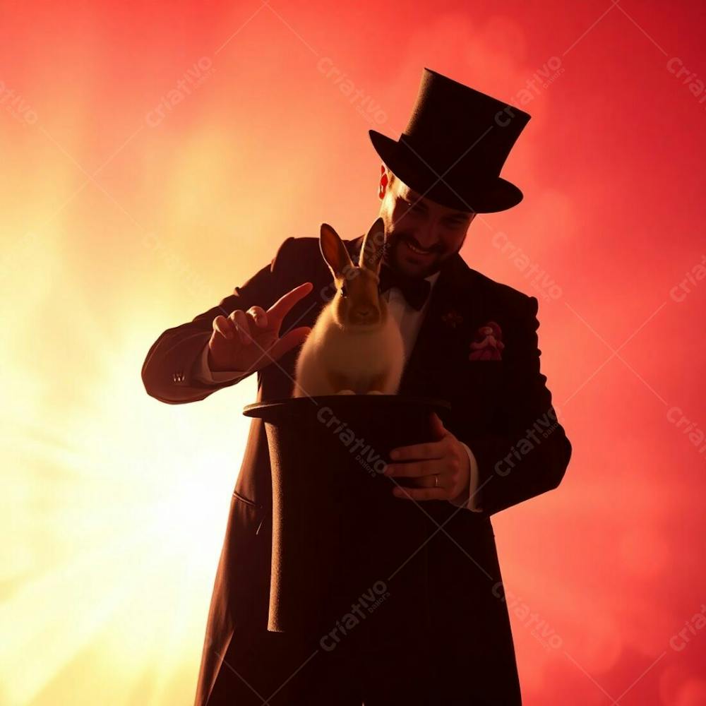 High Resolution Stock Photo A Man In A Magician&#39;S Costume Pulling A Rabbit From A Top Hat, Silhouetted Against A Bright, Vibrant Backdrop. Commercial Quality, Lively, Energetic, Backlighting