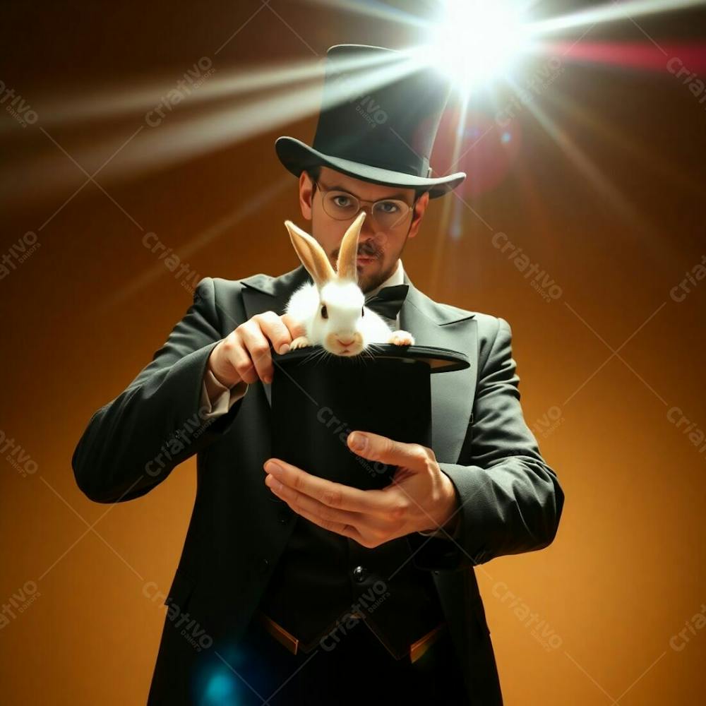 High Resolution Stock Photo A Man In A Magician&#39;S Outfit Pulling A Rabbit From A Top Hat, Dynamic Motion, Bright Lens Flare, Natural Earth Tones, Browns, Beiges, Muted Colors, Light Streaks, Vibrant Colors, Blurred Lines, Action