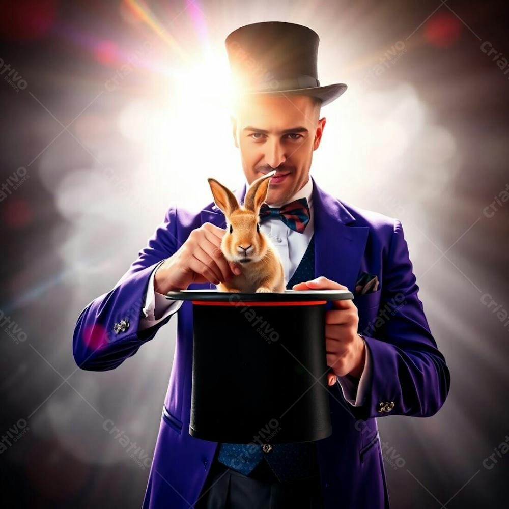 High Resolution Stock Photo A Man In A Magician&#39;S Outfit Pulling A Rabbit From A Top Hat. Bright Lens Flare, Ethereal Spiritual Vibe, Light Aura, Mystical Feeling, Light Streaks, Vibrant Colors. Commercial, Professional Quality