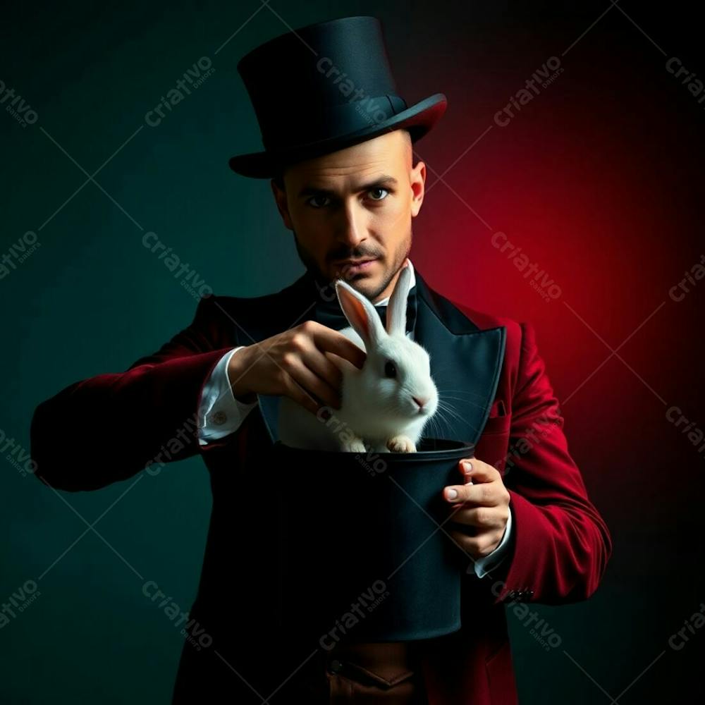 High Resolution Stock Photo A Man In A Magician&#39;S Outfit Pulling A Rabbit From A Top Hat. Contrasting Chiaroscuro Lighting, Warm Terracotta And Cool Teal, Earthy And Cool Contrast, Strong Contrasts, Deep Shadows. Commercial, Prof