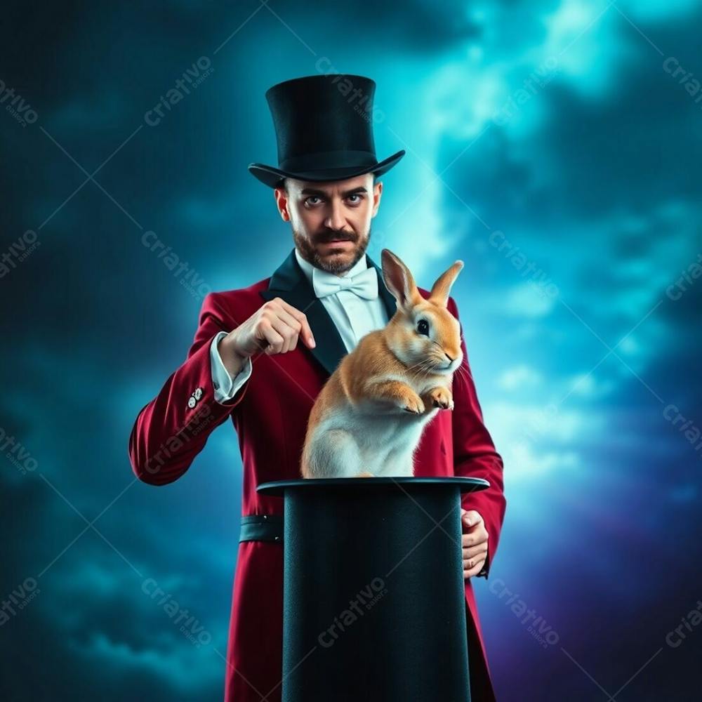 High Resolution Stock Photo A Man In A Magician&#39;S Outfit Pulling A Rabbit From A Top Hat. Cool Colors, Blurred Bokeh Effect, Stormy Skies, High Tension, Sharp Subject Focus, Soft Background Of Blues, Greens, And Purples, Commerci