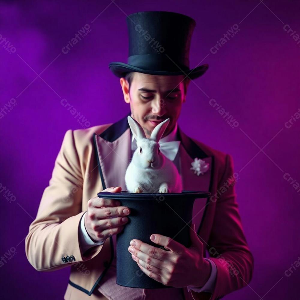 High Resolution Stock Photo A Man In A Magician&#39;S Outfit Pulling A Rabbit From A Top Hat. Deep Ultraviolet Hues, Soft Cinematic Haze, Soft Focus, Hazy Background, Vivid Purples, High Contrast, Commercial Quality