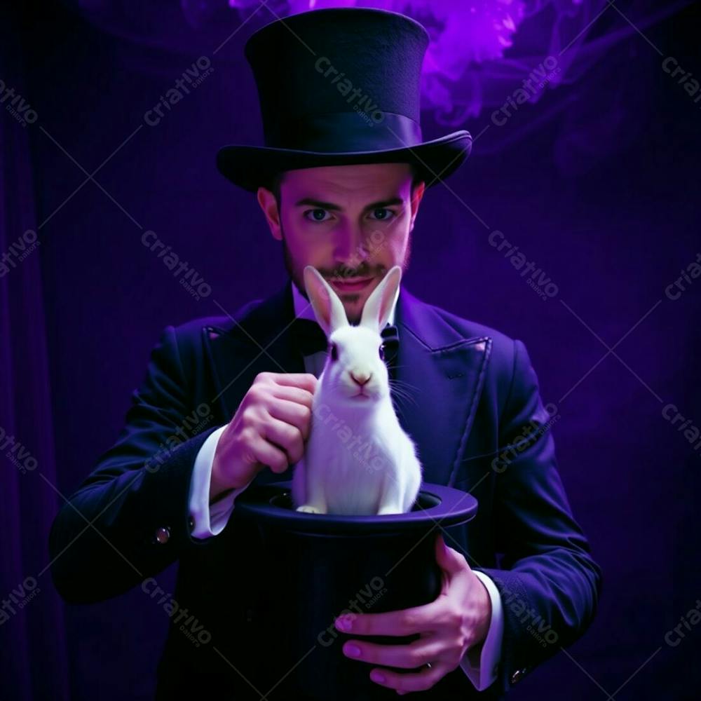 High Resolution Stock Photo A Man In A Magician&#39;S Outfit Pulling A Rabbit From A Top Hat. Deep Ultraviolet Hues, Vivid Purples, High Contrast, Mystic Enchanting Environment, Dreamlike Atmosphere, Ethereal Quality. Commercial, Pro