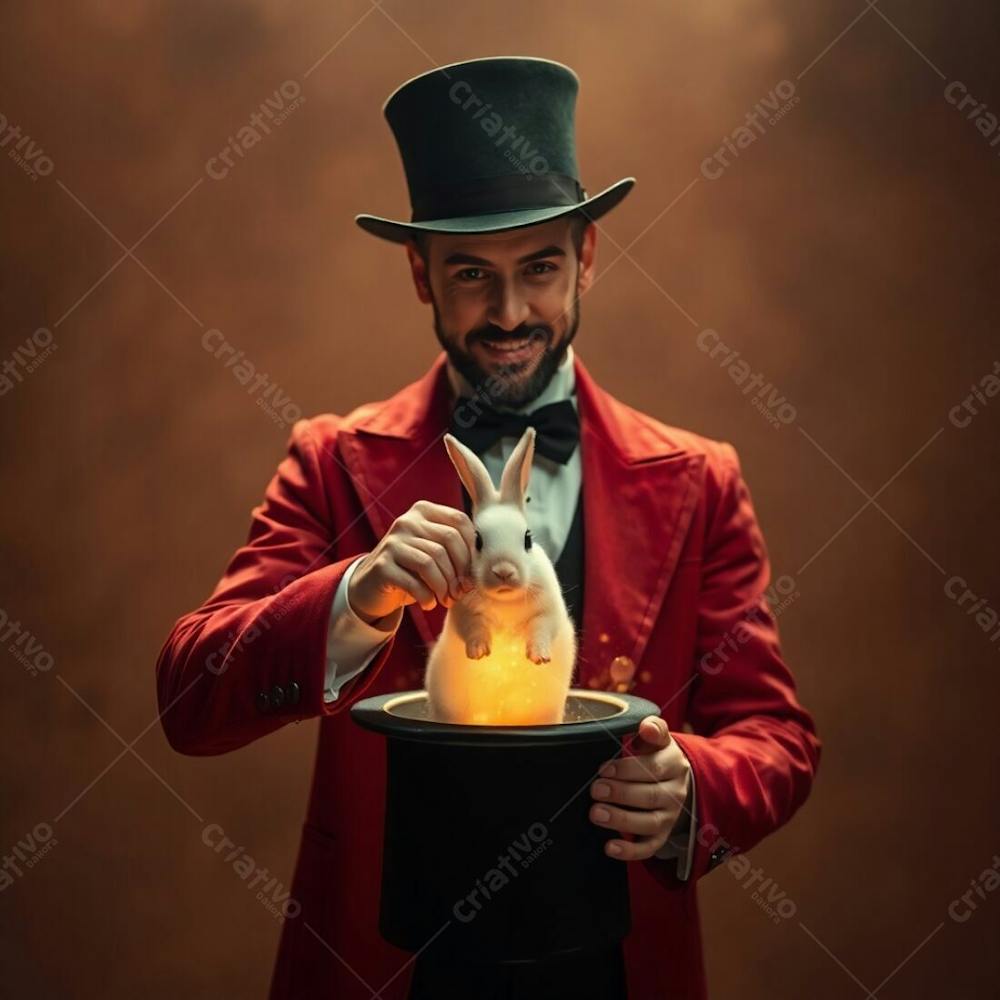 High Resolution Stock Photo A Man In A Magician&#39;S Outfit Pulling A Rabbit From A Top Hat. Glowing Bioluminescent Colors, Natural Earth Tones, Soft Dreamy Atmosphere, Hazy, Soft Light, Browns, Beiges, Muted Colors, Natural Light E