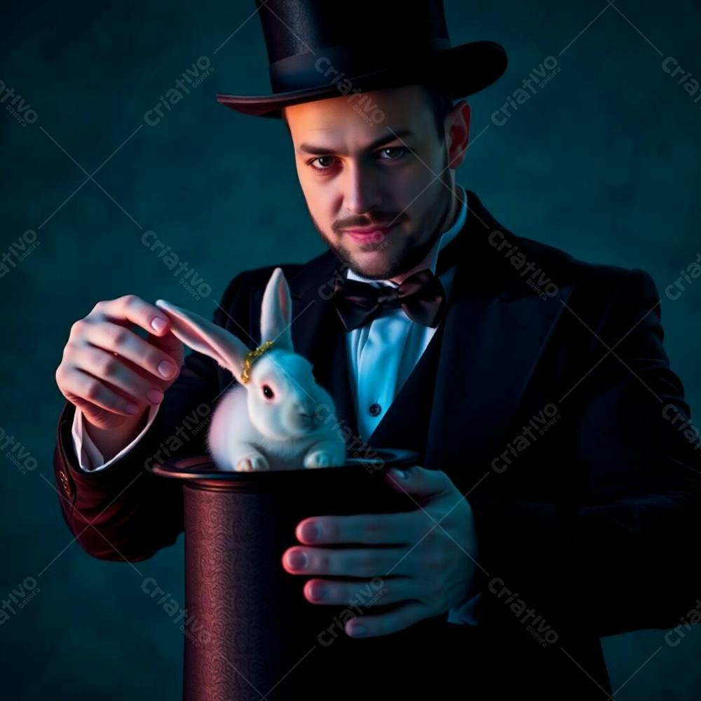 High Resolution Stock Photo A Man In A Magician&#39;S Outfit Pulling A Rabbit From A Top Hat. Rich Deep Teal Bioluminescent Colors, Natural Light Effects, Vibrant Glow, Luxurious And Vibrant Aesthetic, Commercial Quality