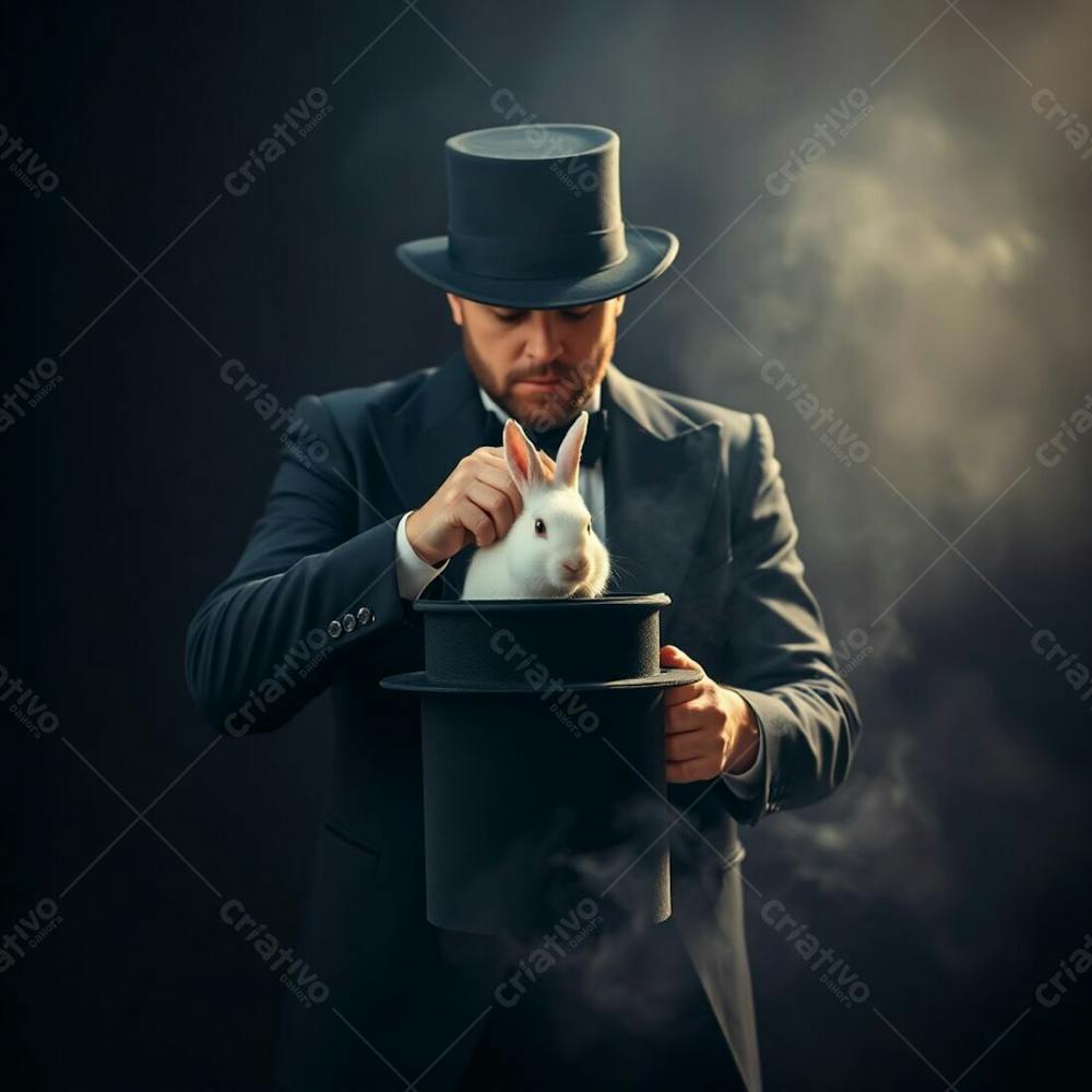 High Resolution Stock Photo A Man In A Magician&#39;S Outfit Pulling A Rabbit From A Top Hat. Soft Dreamy Atmosphere, Intense Dramatic Lighting, High Contrast, Hazy, Soft Light, Creating Tension, Commercial Quality