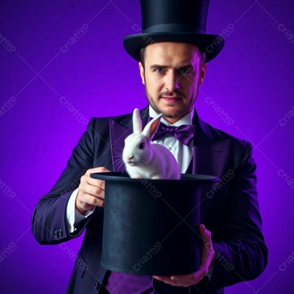 High Resolution Stock Photo A Man In A Magician&#39;S Outfit Pulling A Rabbit From A Top Hat. Strong Hard Light, Deep Ultraviolet Hues, Vivid Purples, High Contrast, Direct Harsh Shadows, Commercial Quality