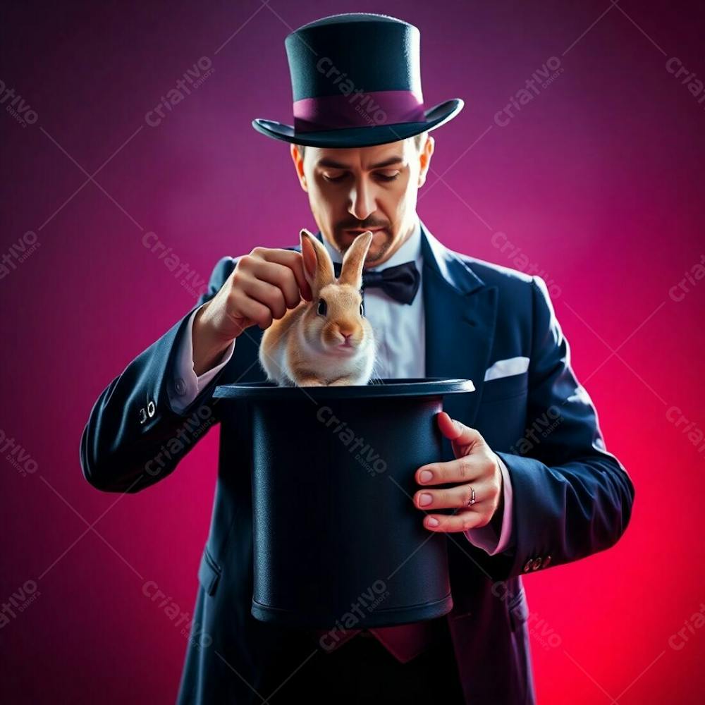 High Resolution Stock Photo A Man In A Magician&#39;S Outfit Pulling A Rabbit From A Top Hat. Strong Hard Light, Electric Vivid Colors, Direct Harsh Shadows. Commercial, Professional Quality