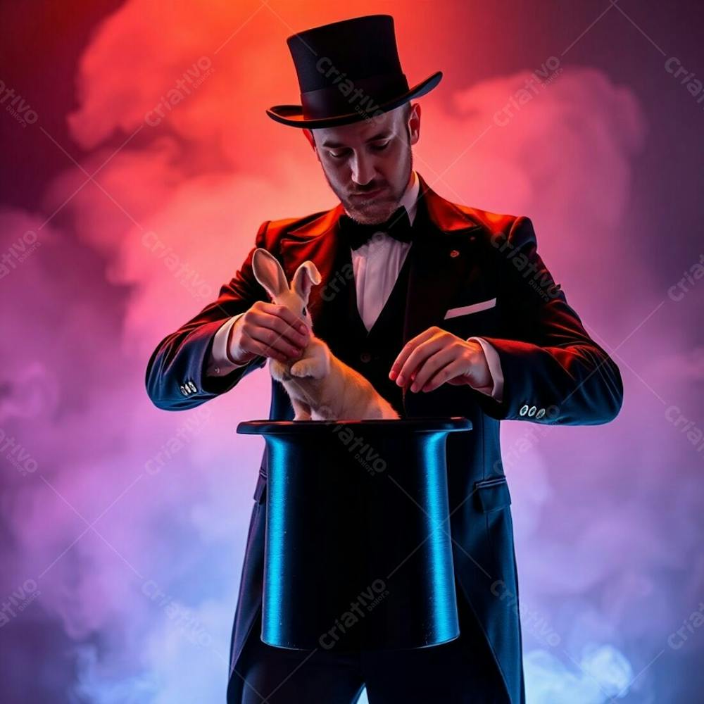 High Resolution Stock Photo A Man In A Magician&#39;S Outfit Pulling A Rabbit From A Top Hat. Volumetric Lighting, Iridescent Colors, Iridescent Reflections, Visible Light Beams Through Dust Or Fog. Commercial, Professional Quality